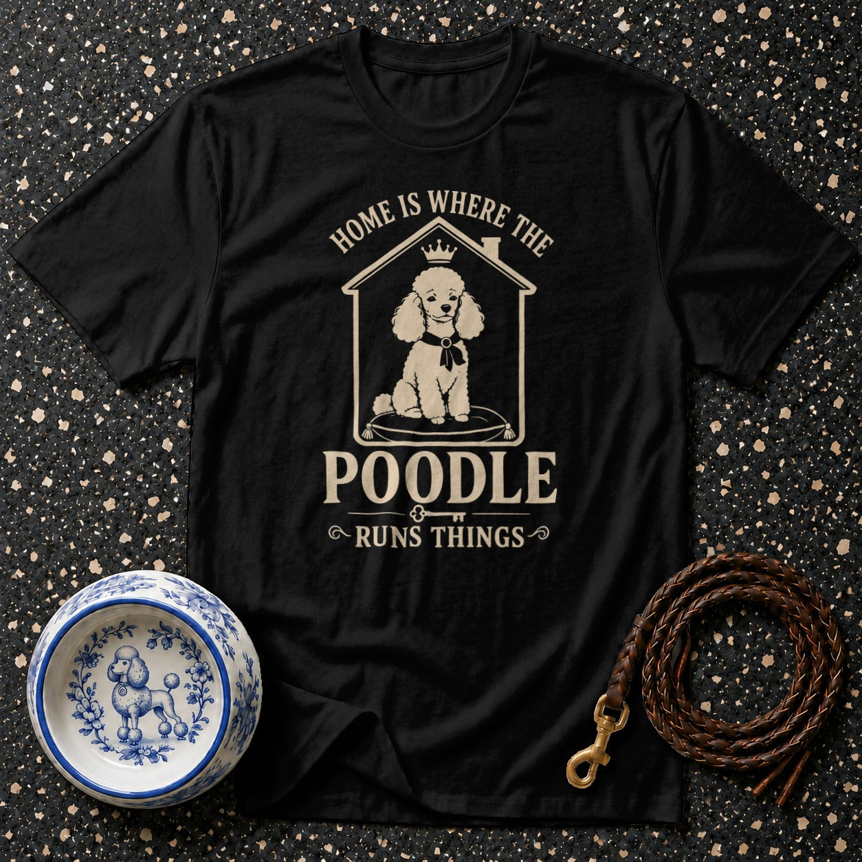 Black t-shirt with "Home is where the poodle runs things" text and poodle graphic.