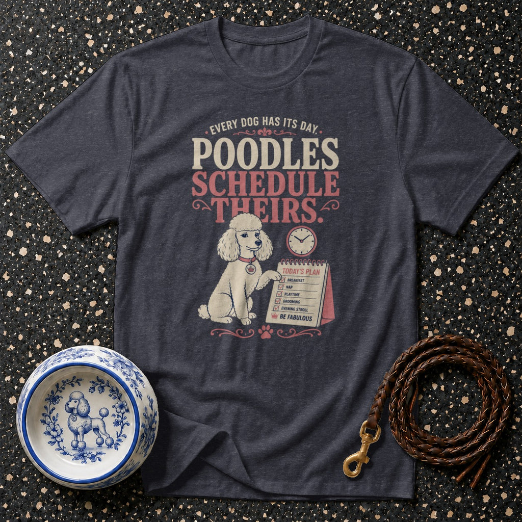 Dark grey t-shirt with a poodle, schedule, and dog leash.