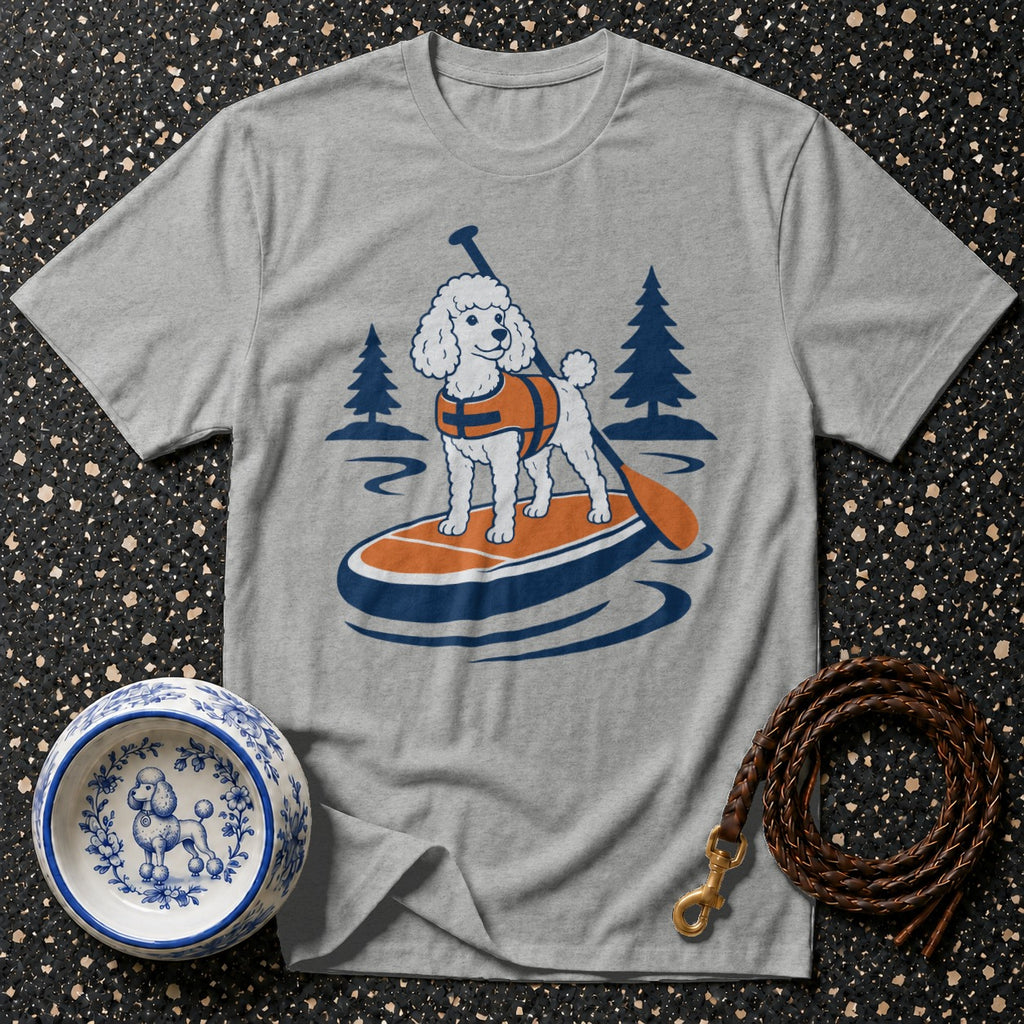 Poodle on a paddleboard with a life vest, trees, and water graphic.