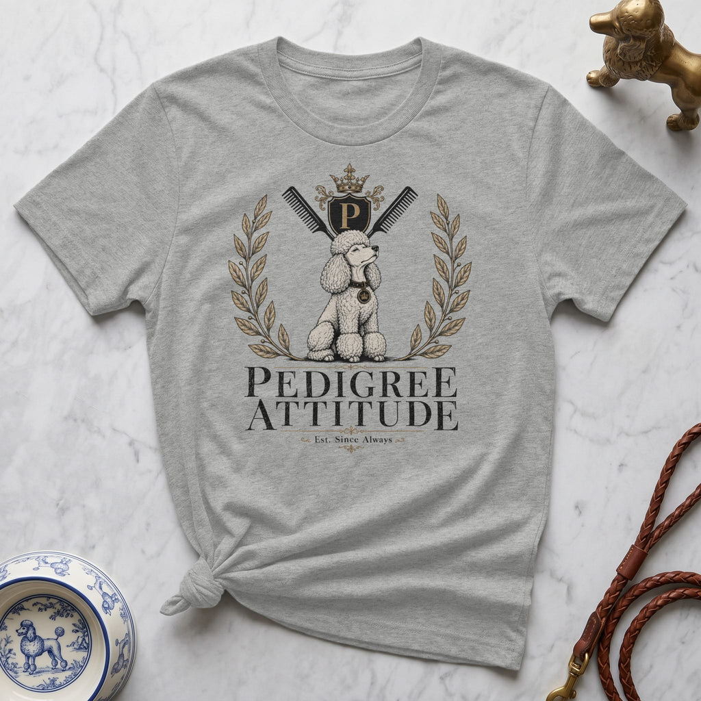 Grey t-shirt with a poodle, combs, and "PEDIGREE Est. Since Always" text.