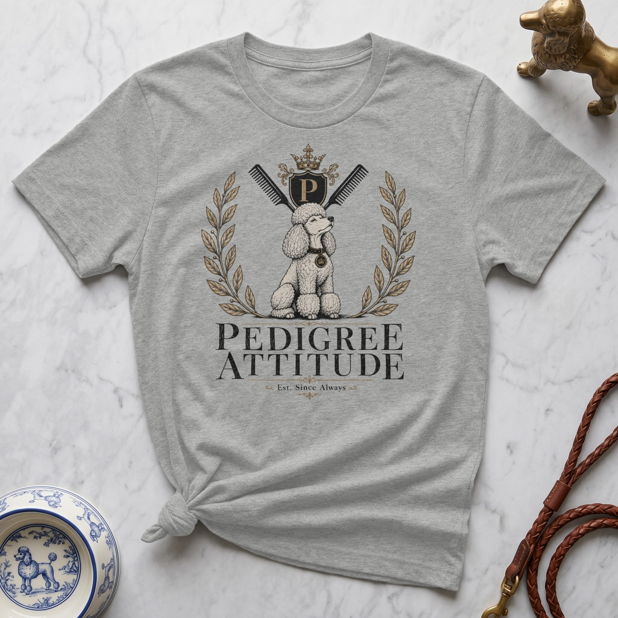 Grey t-shirt with a poodle, combs, and "PEDIGREE Est. Since Always" text.
