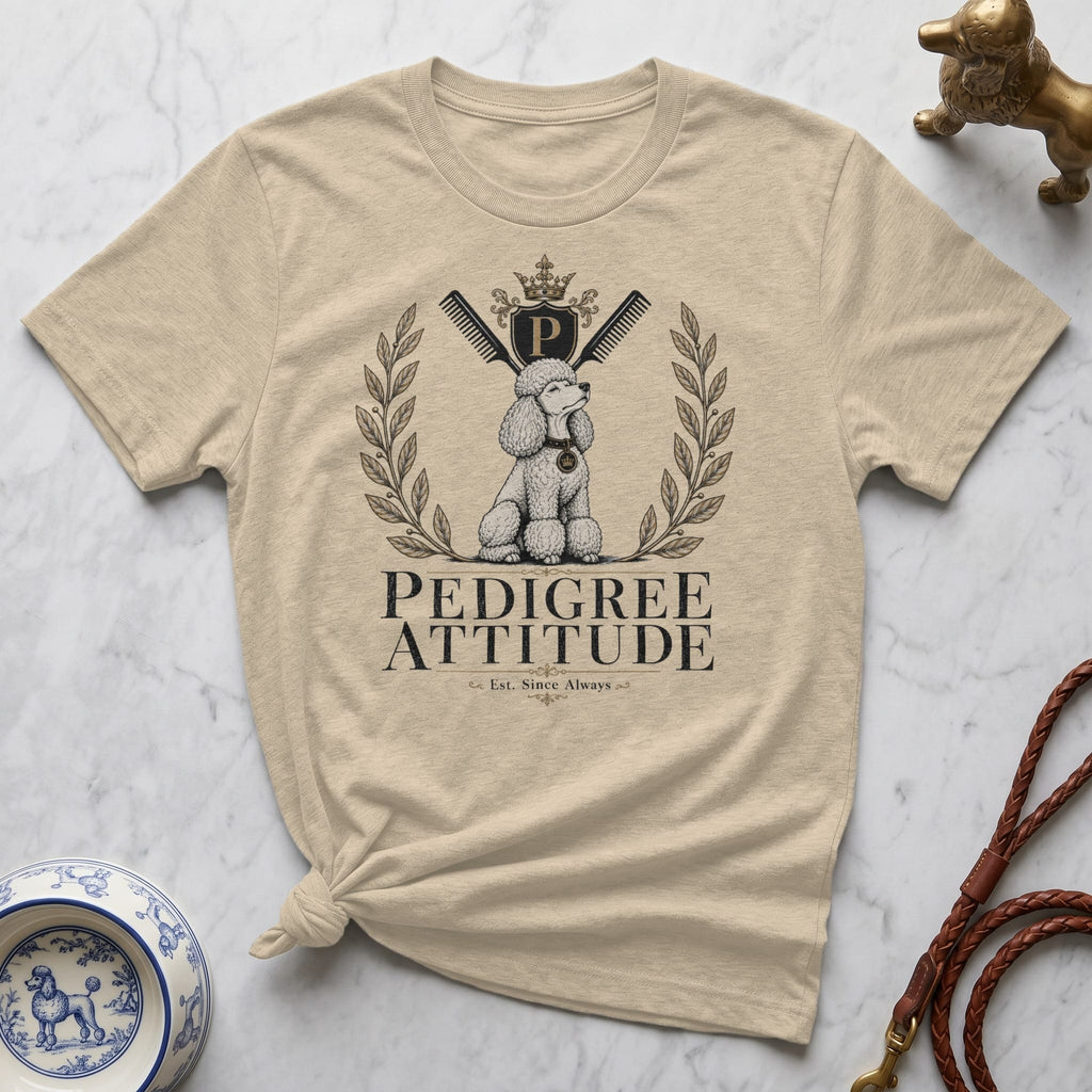 T-shirt with Pedigree Poodle logo, combs, and laurel wreath.