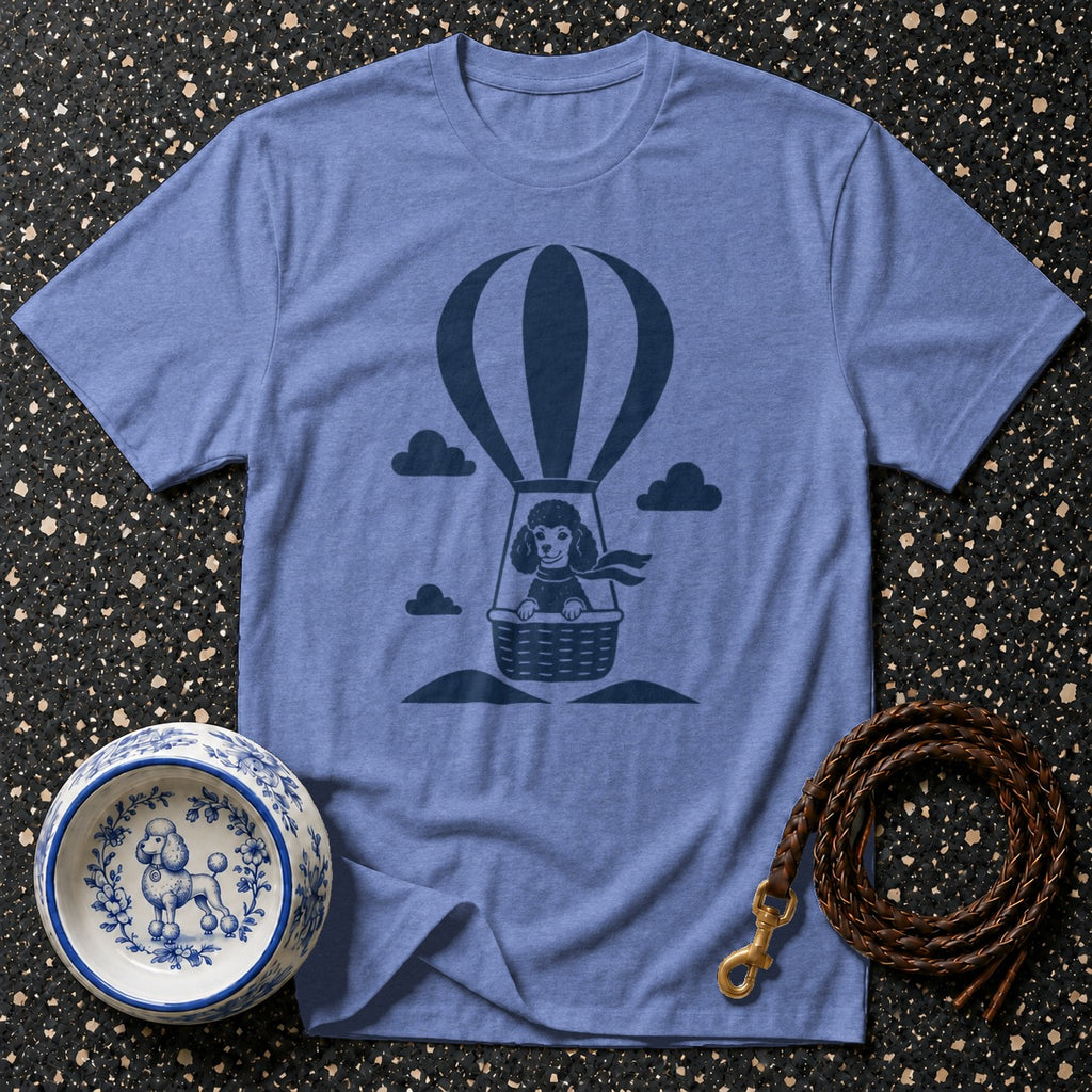 T-shirt with a poodle in a hot air balloon graphic.