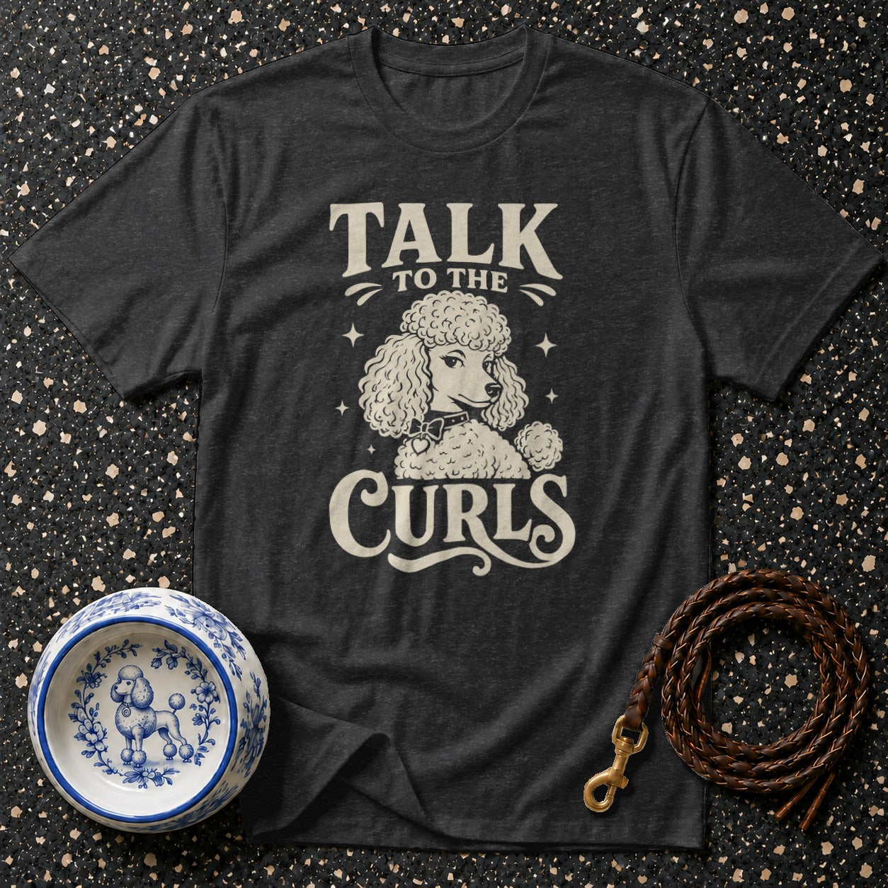 Dark grey t-shirt with "Talk to the Curls" and a poodle graphic.