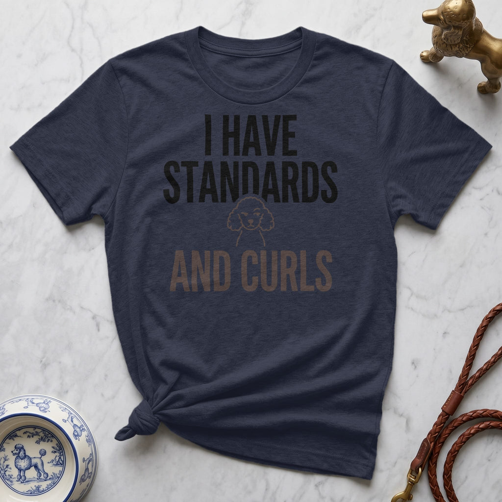 Navy t-shirt with "I HAVE STANDARDS AND CURLS" text and a poodle graphic.