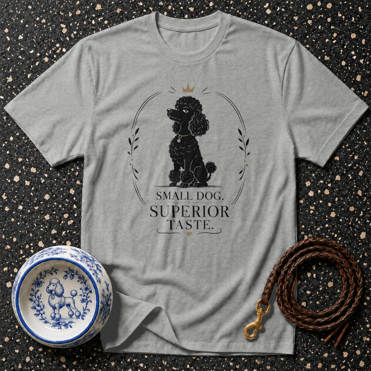 Grey t-shirt with black poodle graphic and text SMALL DOG. SUPERIOR TASTE.