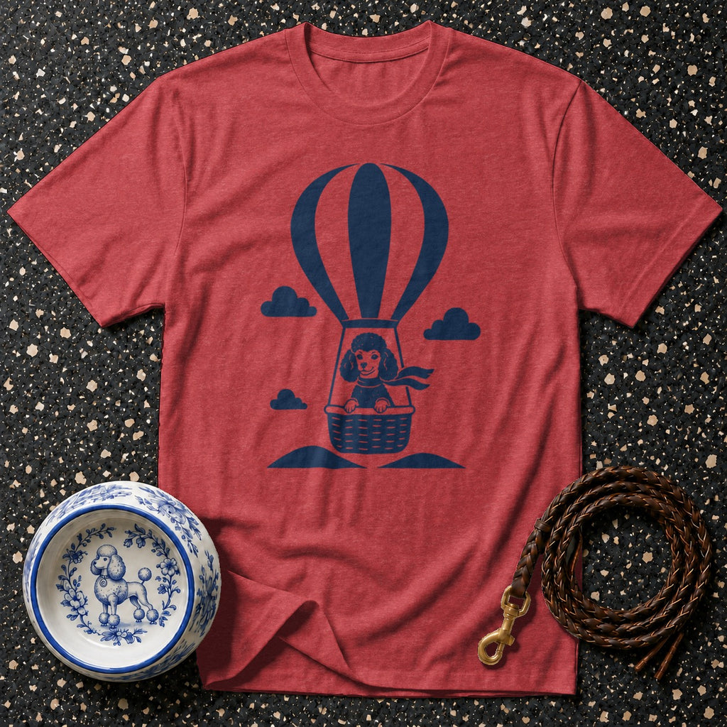 Red t-shirt with navy poodle in hot air balloon graphic.