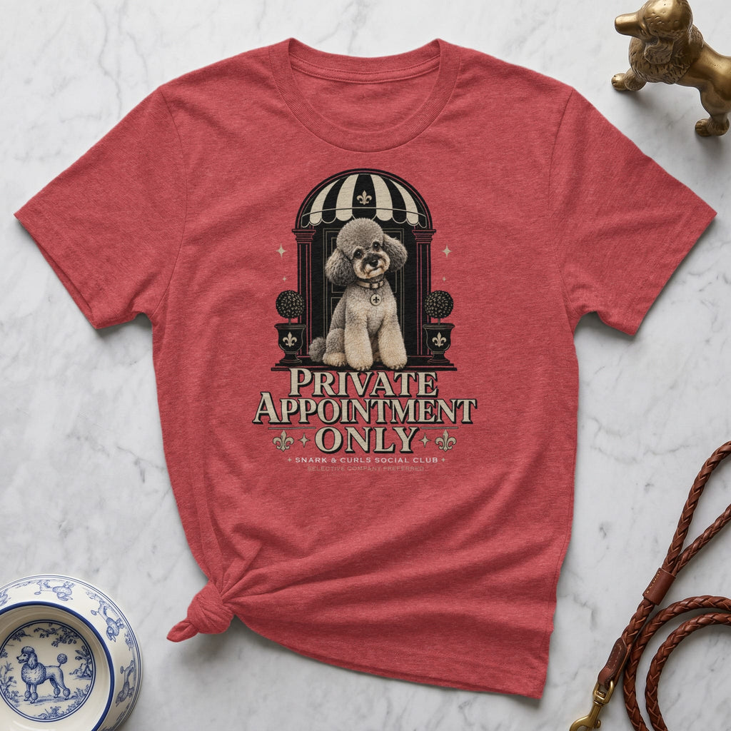 Red t-shirt with "Private Appointment Only" and poodle illustration.