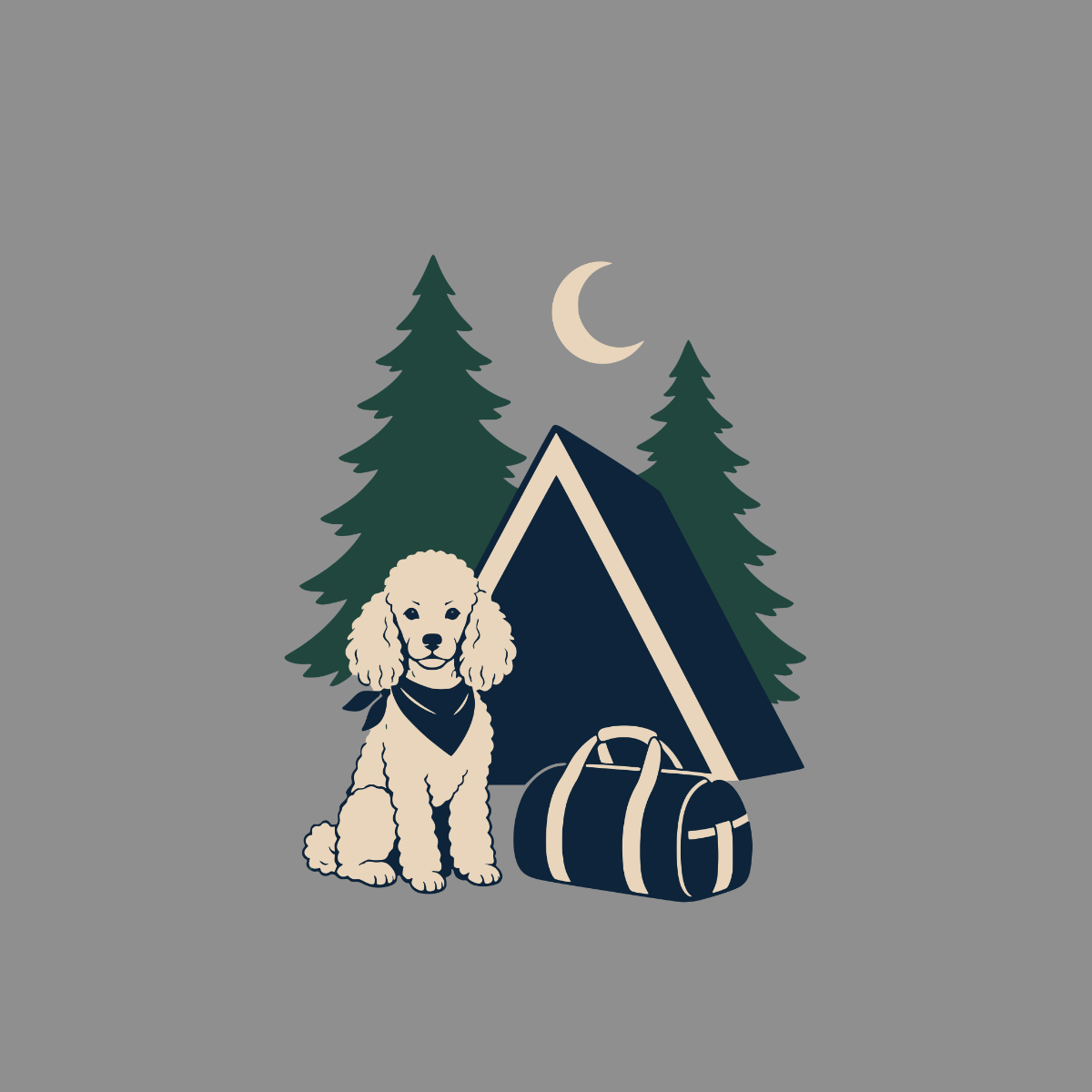 Poodle wearing bandana sits next to duffel bag by tent, trees, and moon.