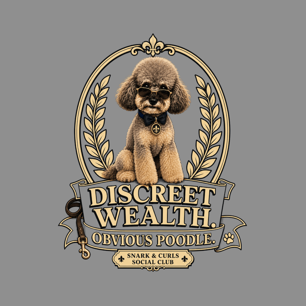 Grey poodle wearing sunglasses and bow tie, with text "DISCREET WEALTH. OBVIOUS POODLE. SNARK & CURLS SOCIAL CLUB."