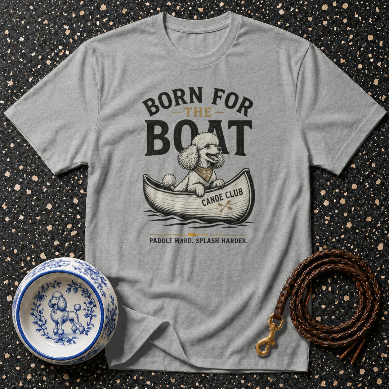 Gray t-shirt with "Born for the Boat" design featuring a poodle in a canoe.