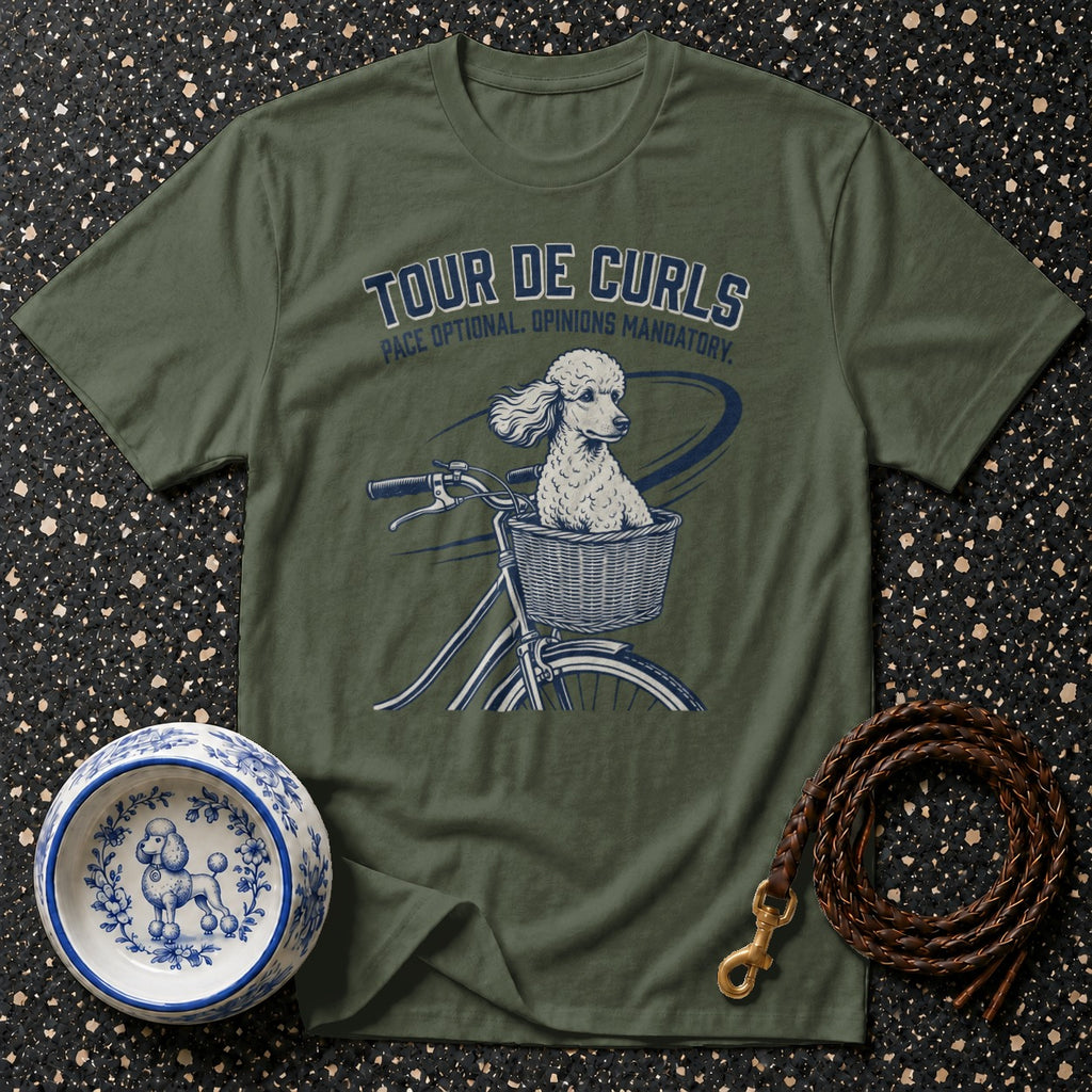 Green t-shirt with poodle in bicycle basket and text "Tour de Curls."