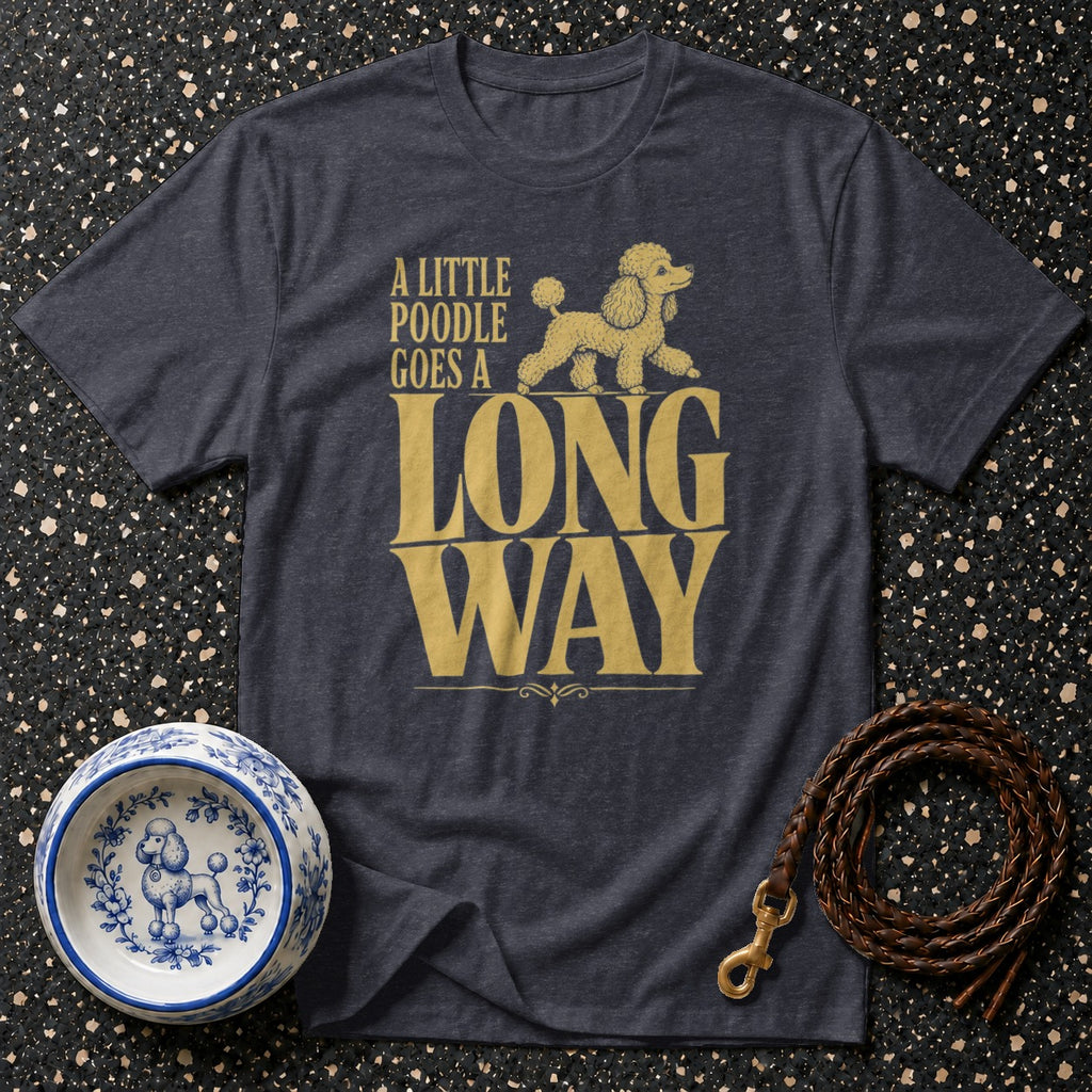 Dark grey t-shirt with gold text and poodle graphic.