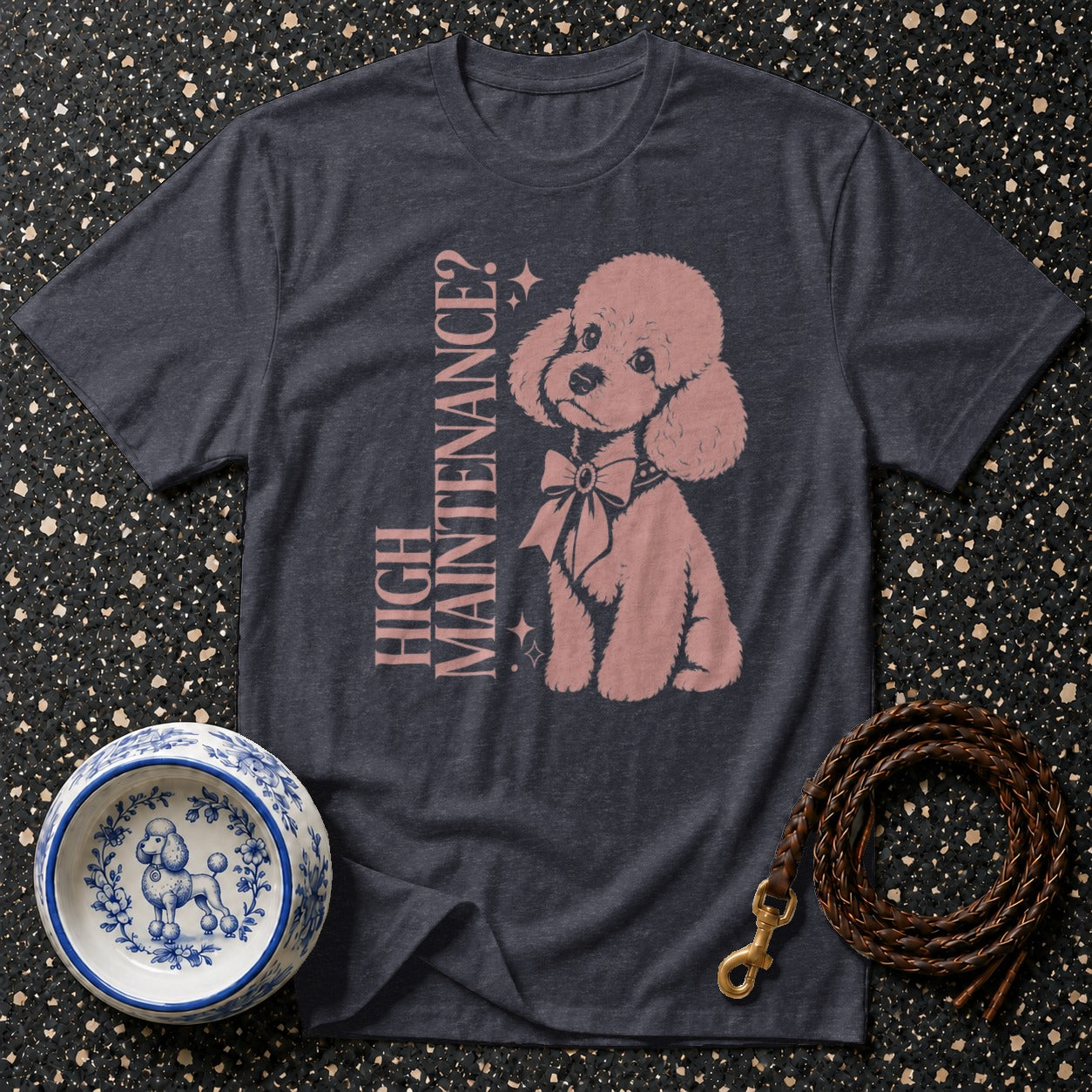 Dark t-shirt with pink poodle graphic and text "HIGH MAINTENANCE?"