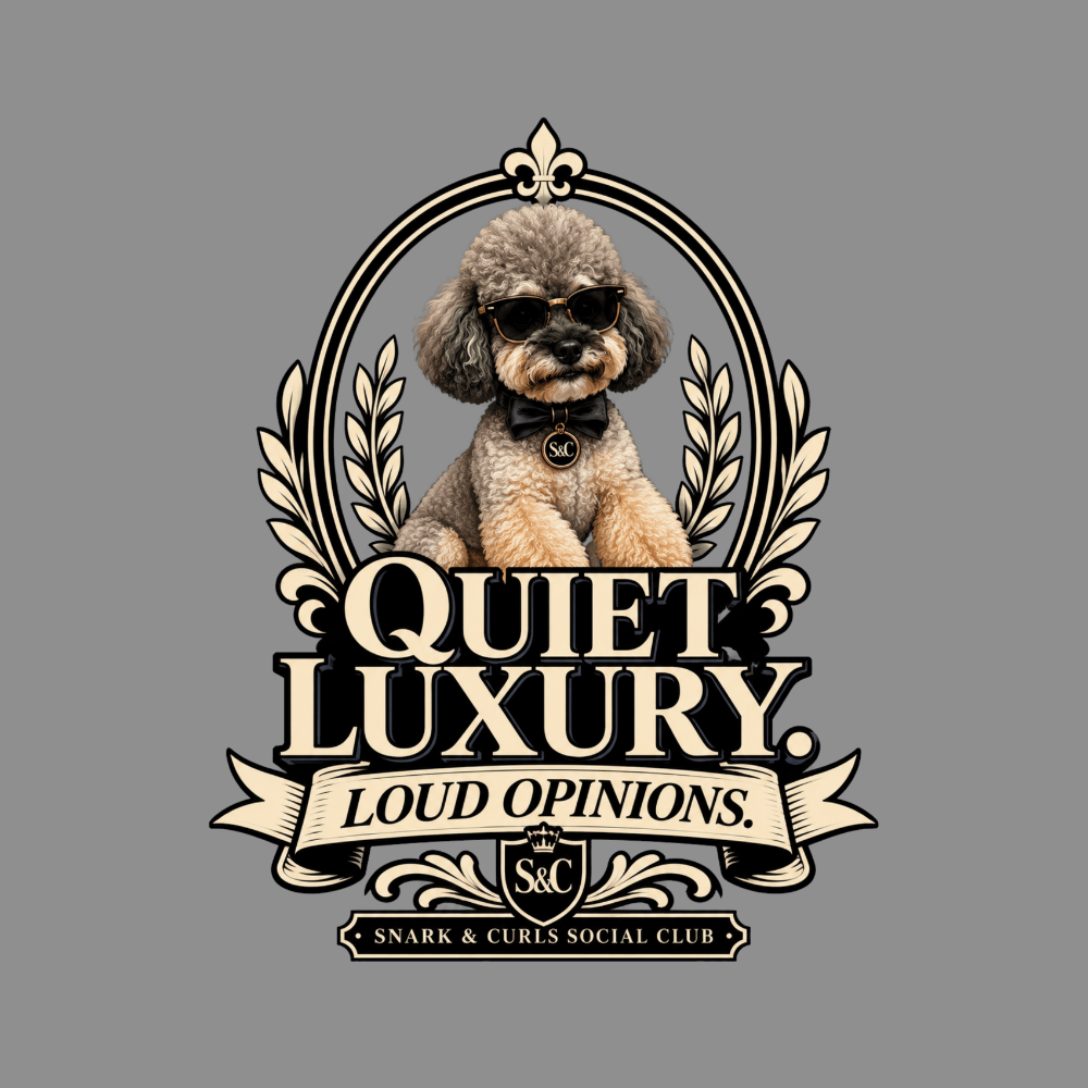 Poodle wearing sunglasses and a bow tie, logo for Snark & Curls Social Club.