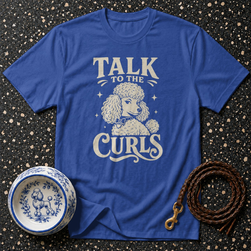 Blue t-shirt with a poodle graphic and "Talk to the Curls" text.