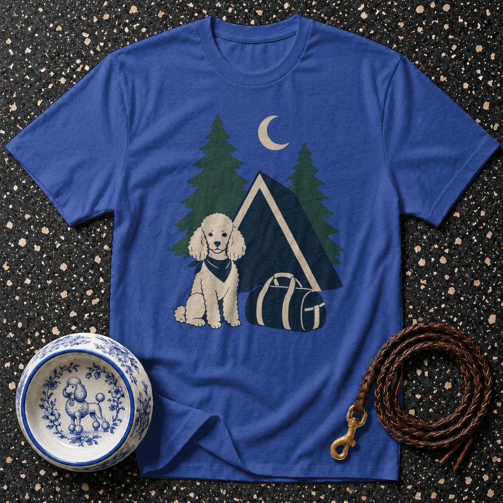 Blue t-shirt with graphic of a poodle, tent, trees, and moon.