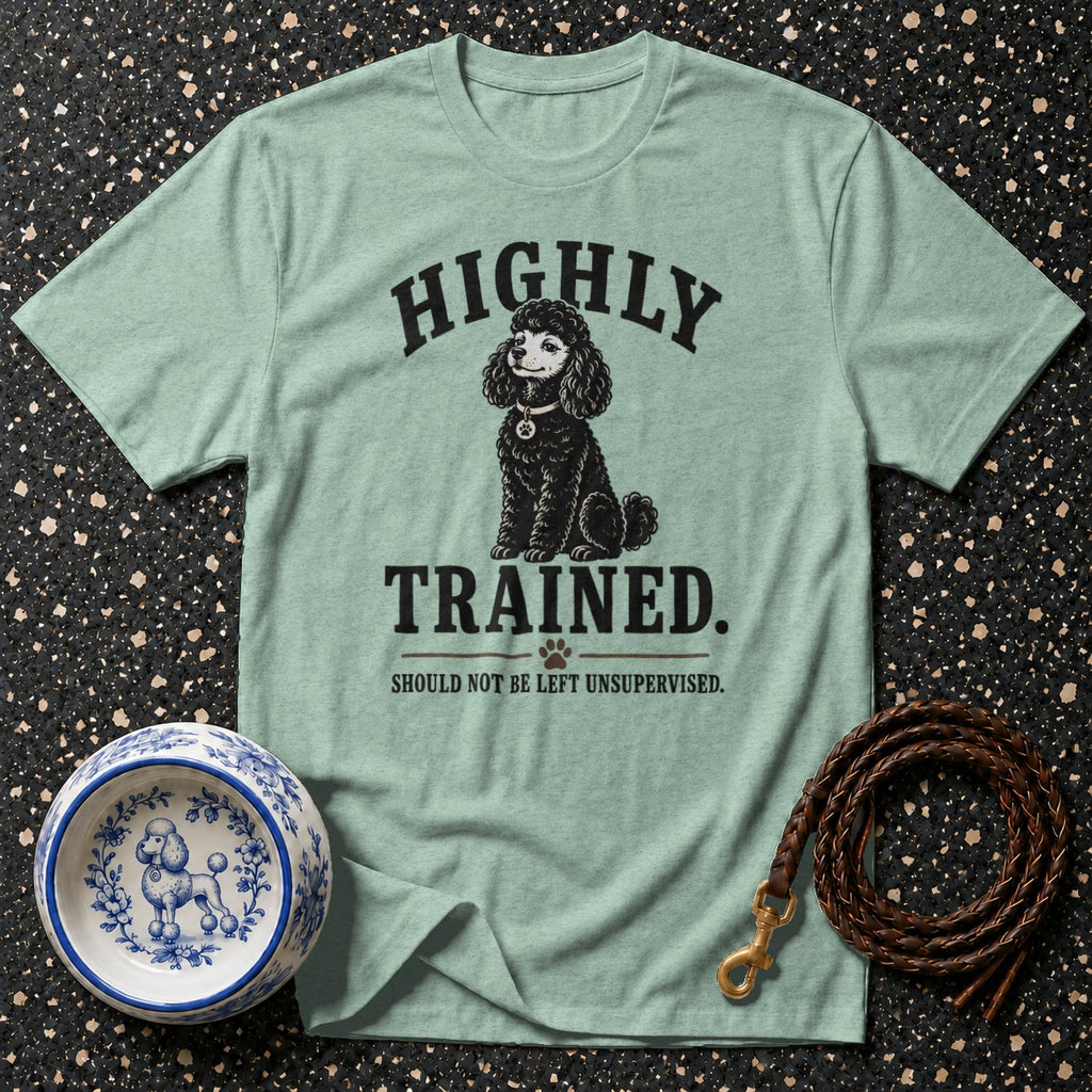 Light aqua t-shirt with black poodle graphic and text: "HIGHLY TRAINED. SHOULD NOT BE LEFT UNSUPERVISED."