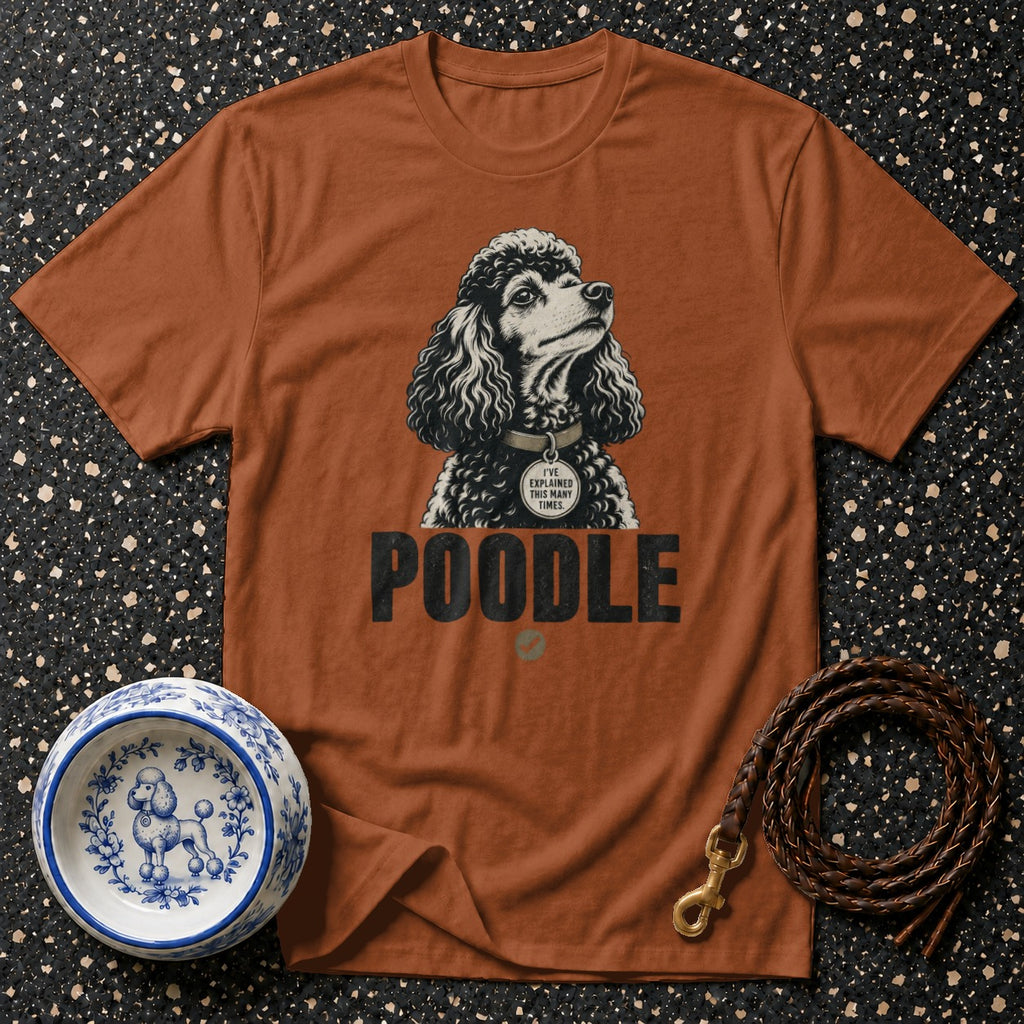 T-shirt with a poodle graphic and "POODLE" text. Includes dog bowl and leash.