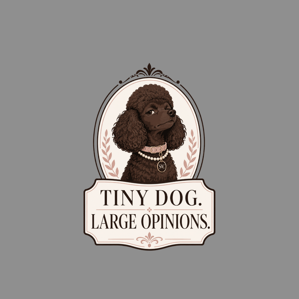 Brown poodle with a pearl collar and the text "TINY DOG. LARGE OPINIONS."