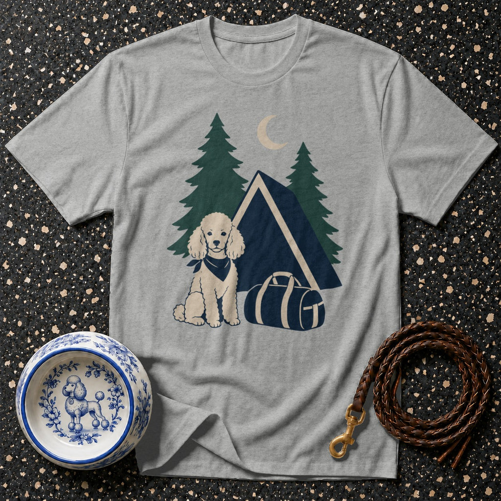 Gray t-shirt with graphic of a poodle camping with a tent and duffel bag.