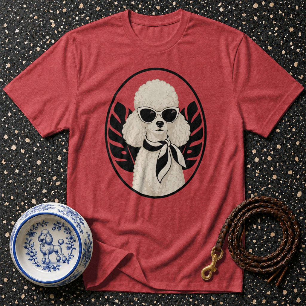 Red t-shirt with a white poodle wearing sunglasses and a scarf graphic.