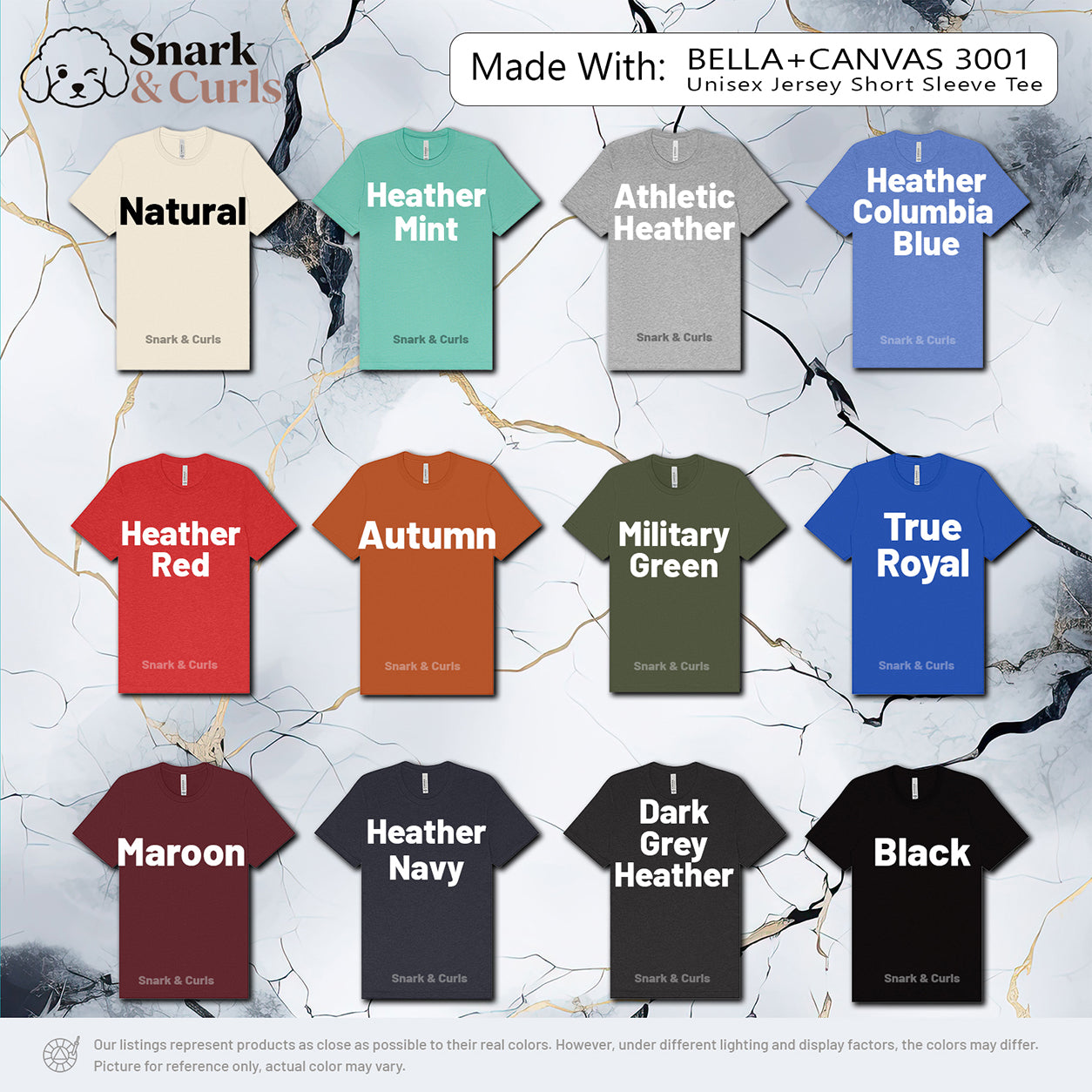 Unisex short sleeve t-shirts in Natural, Heather Mint, Athletic Heather, Heather Columbia Blue, Heather Red, Autumn, Military Green, True Royal, Maroon, Heather Navy, Dark Grey Heather, and Black.