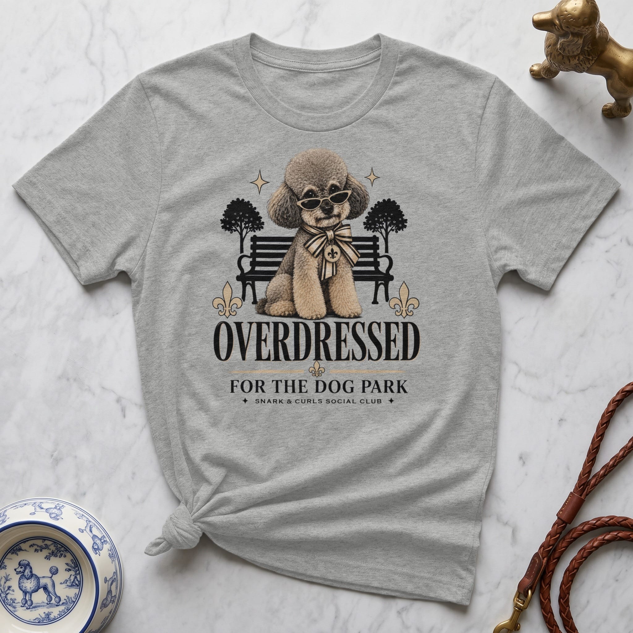 Gray t-shirt with a poodle graphic and "Overdressed for the Dog Park" text.