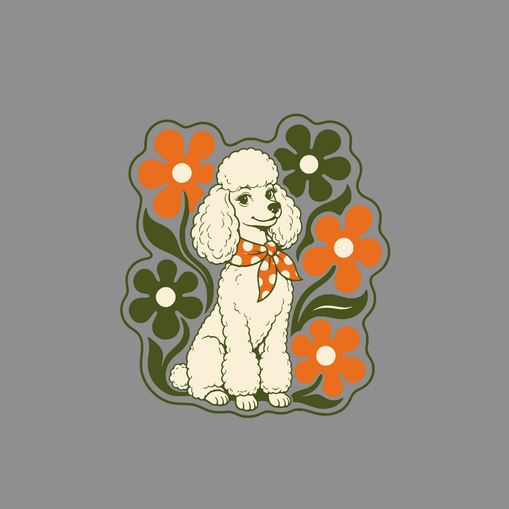 Cream poodle wearing a red polka dot scarf among stylized flowers.