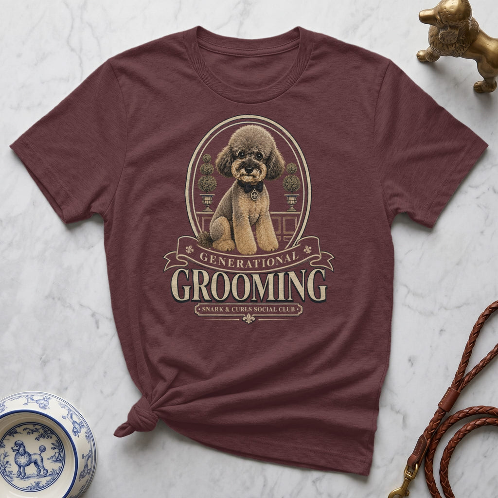 Maroon t-shirt with a vintage poodle grooming graphic and text.