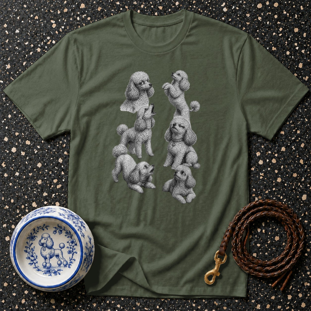 Olive green t-shirt with a print of seven grey poodles in various poses.