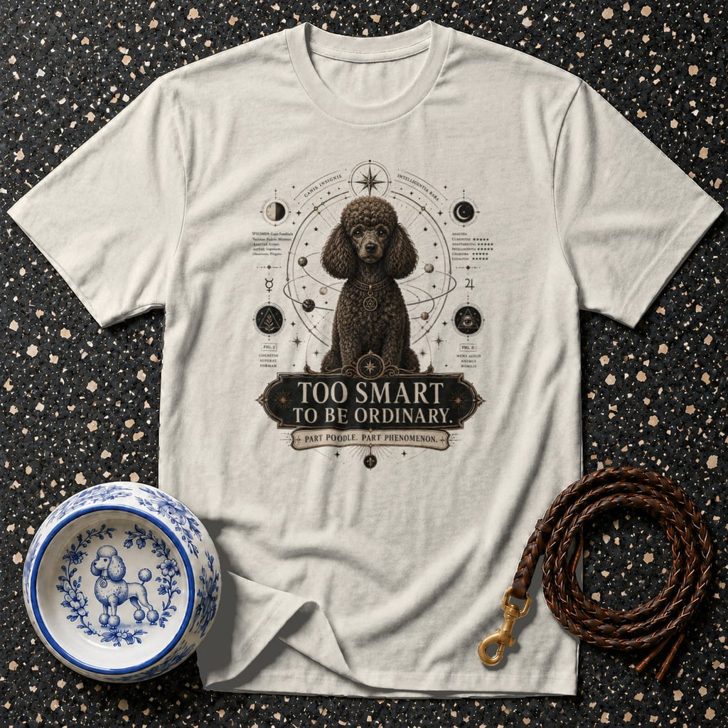 Light t-shirt with a brown poodle graphic and the text "Too Smart to Be Ordinary."