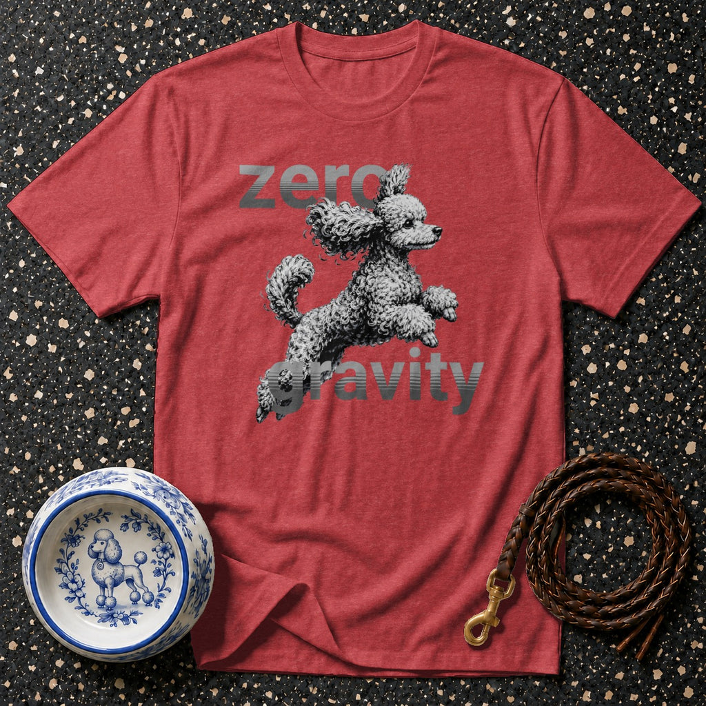 Red t-shirt with poodle graphic and "zero gravity" text.
