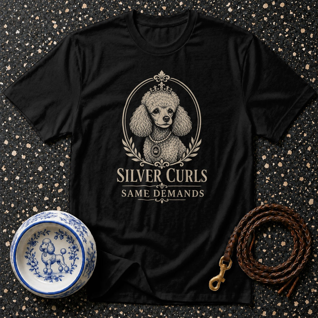 Black t-shirt with "Silver Curls Same Demands" text and poodle graphic.