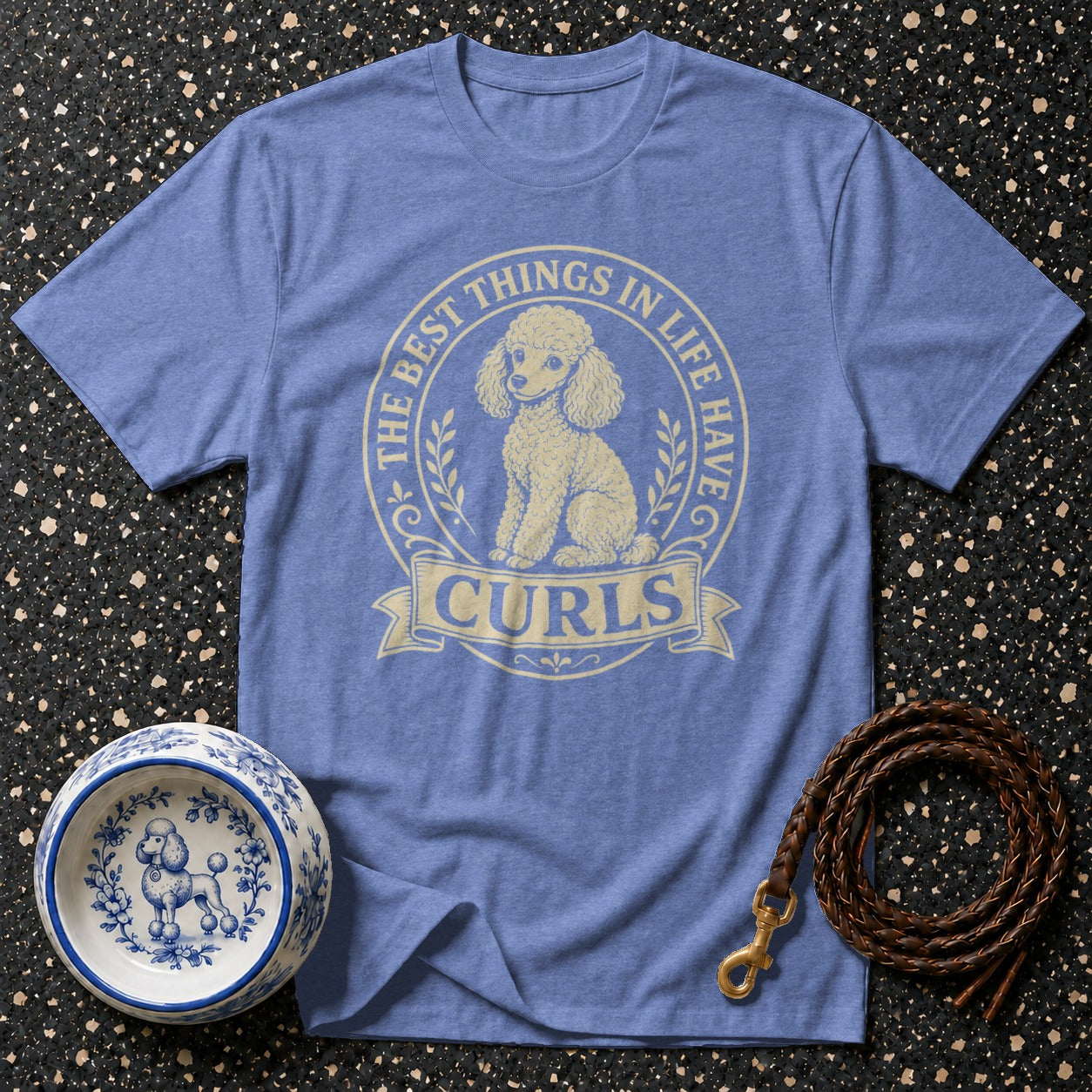 Blue t-shirt with poodle graphic and text "The Best Things in Life Have Curls".