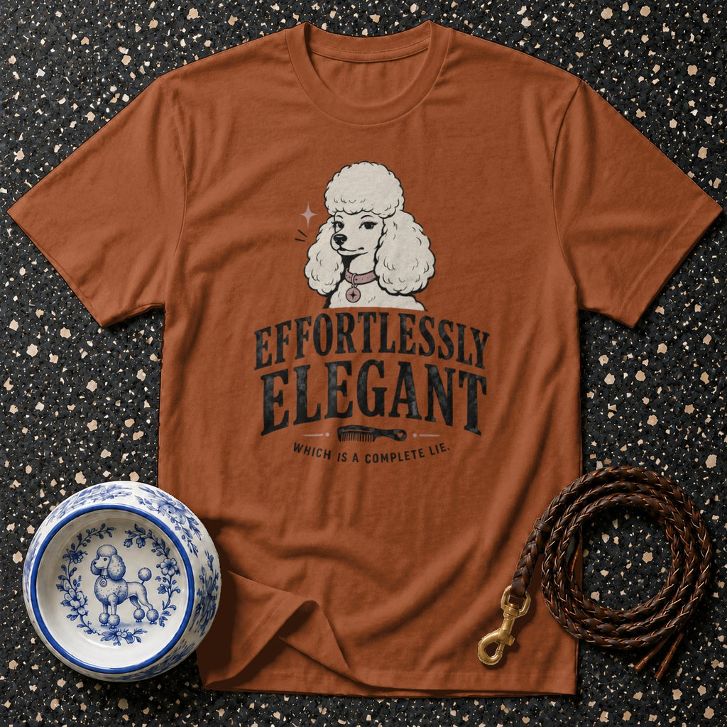 Brown t-shirt with poodle graphic and text "Effortlessly Elegant."