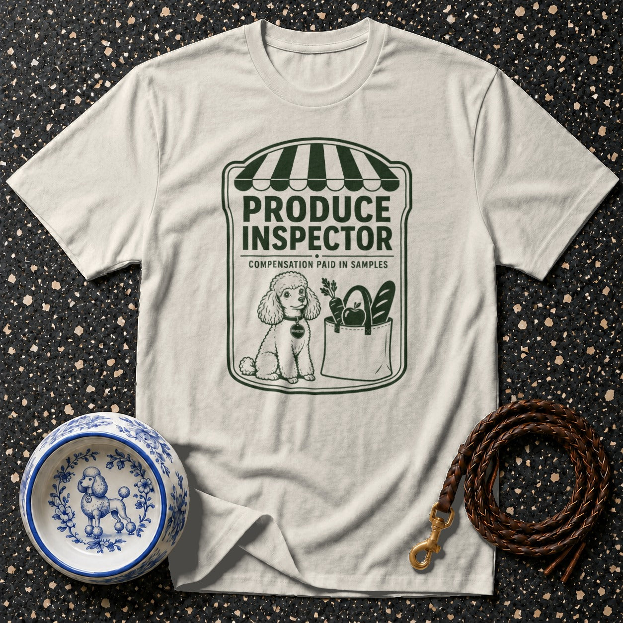 White t-shirt with "Produce Inspector" and poodle graphic.
