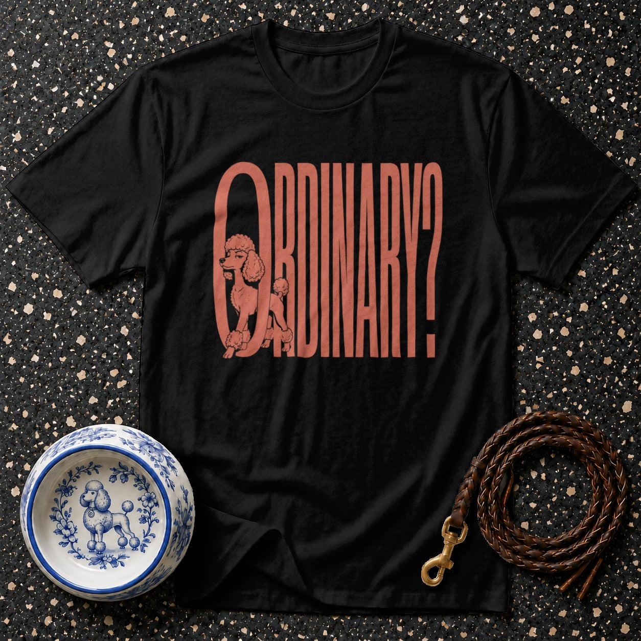 Black t-shirt with pink text "ORDINARY?" and a poodle illustration.