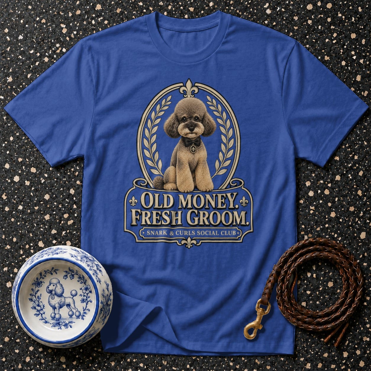 Royal blue t-shirt with "Old Money. Fresh Groom." text and poodle graphic.