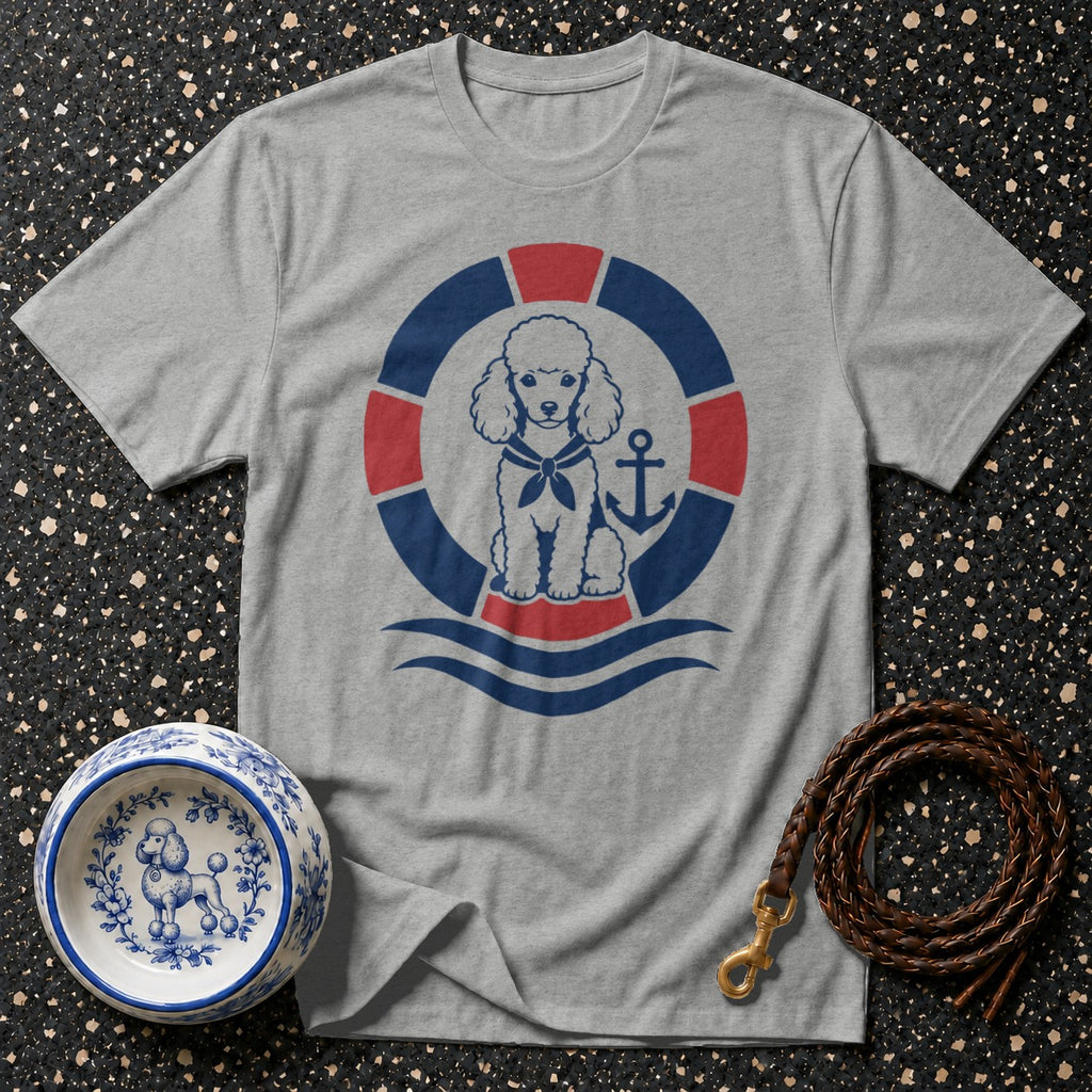 Grey t-shirt with a poodle in a sailor outfit inside a life preserver.