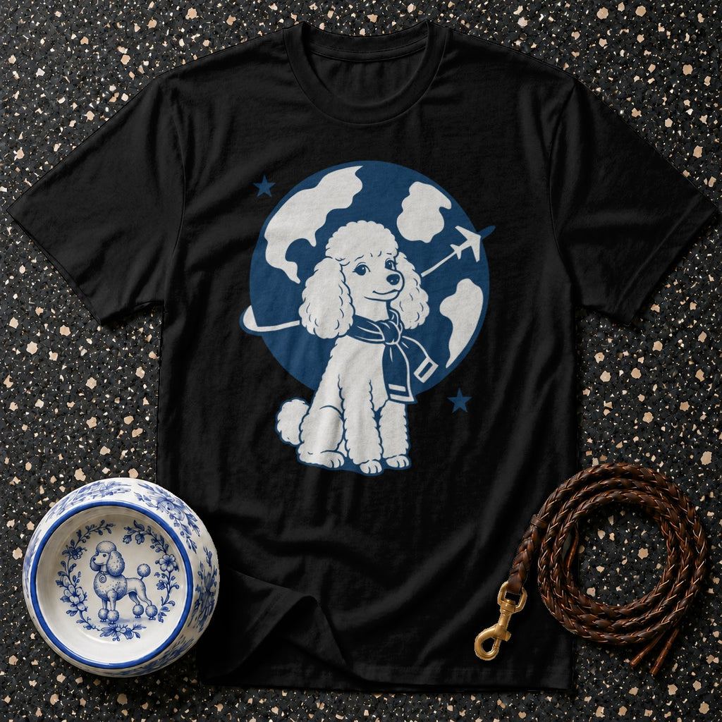 Black t-shirt with white poodle graphic wearing a scarf, set against a globe.