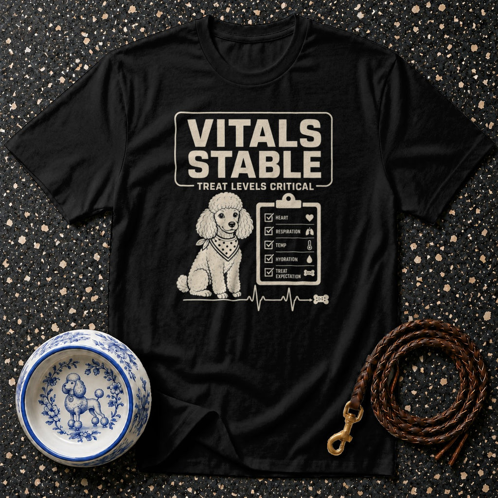 Black t-shirt with a poodle graphic and "Vitals Stable" checklist text.