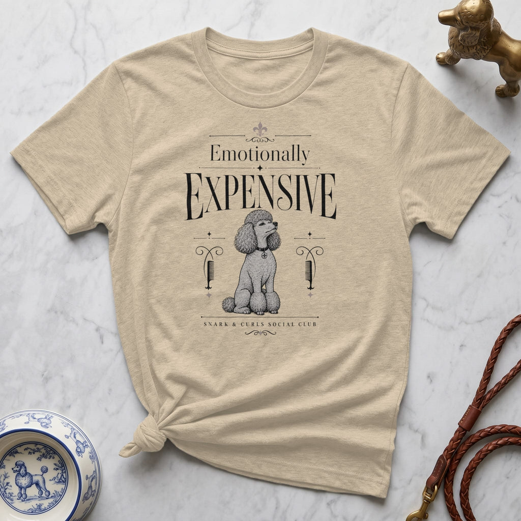 T-shirt with poodle illustration and "Emotionally Exhausted" text.