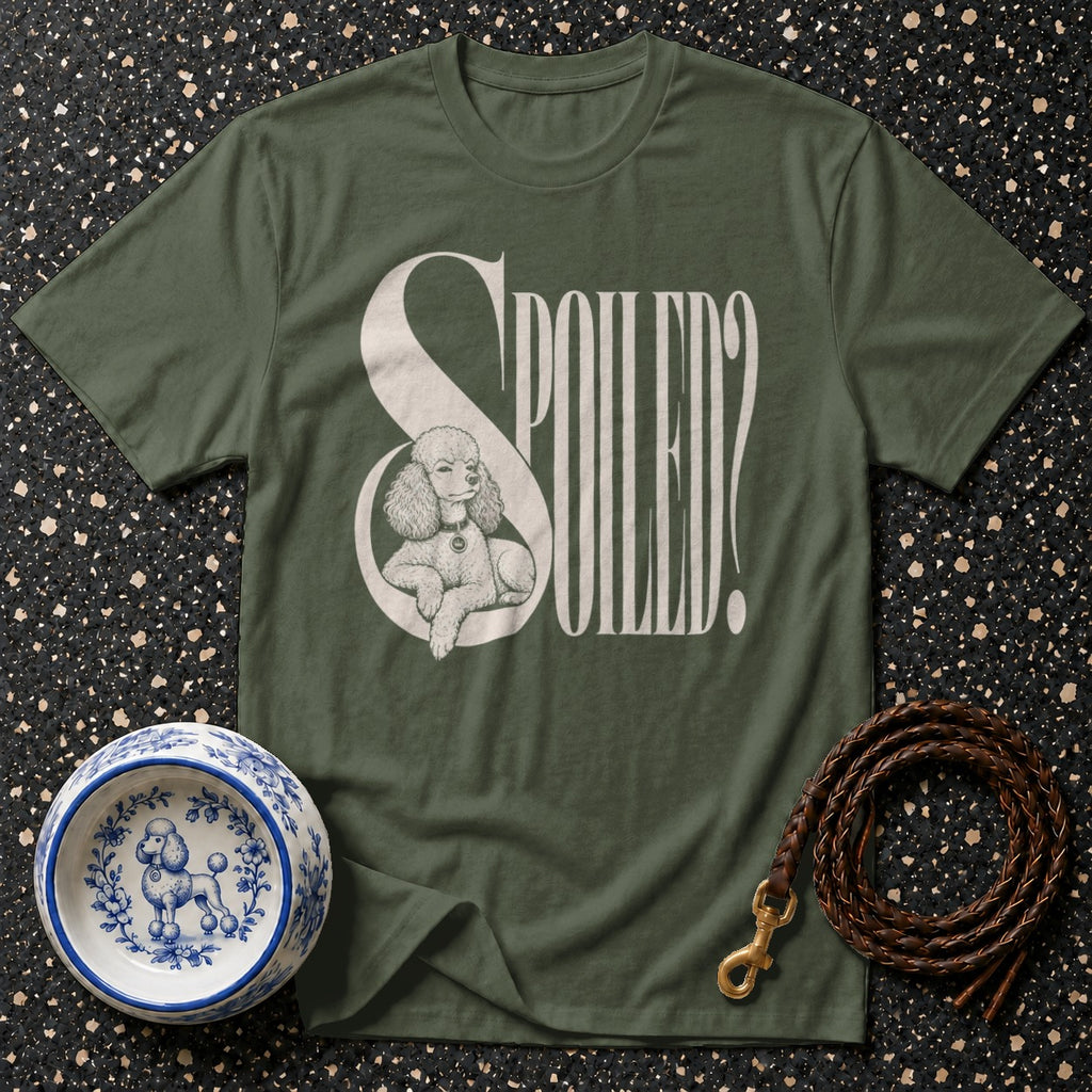 Green t-shirt with "SPOILE?D" text and poodle graphic, dog bowl, and leash.