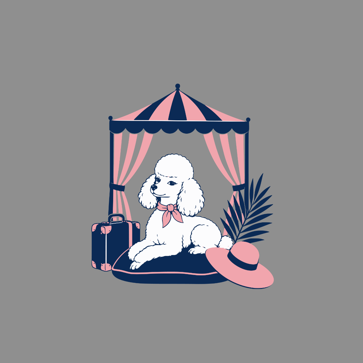White poodle with pink bow under striped tent with suitcase and hat.