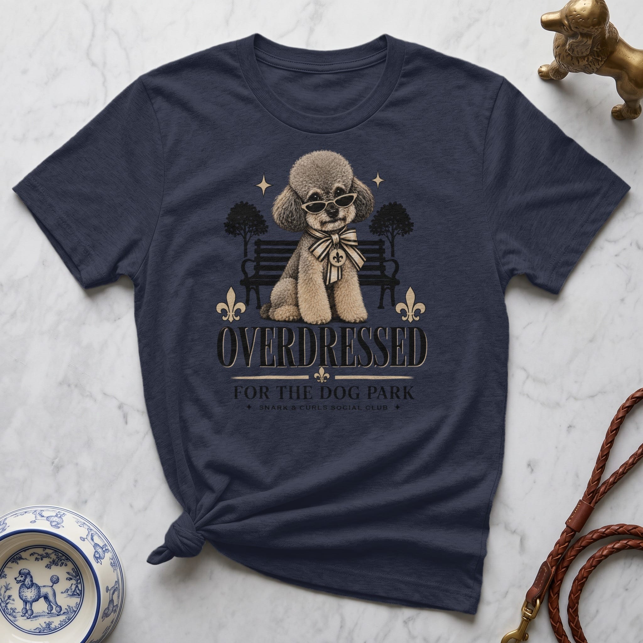 Navy t-shirt with poodle wearing sunglasses and text "Overdressed For The Dog Park".