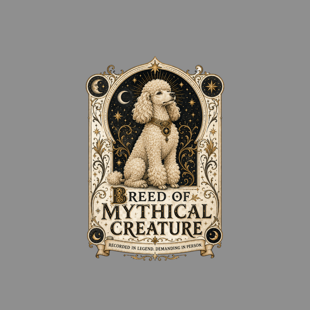 Poodle against starry background, "Breed of Mythical Creature" text.