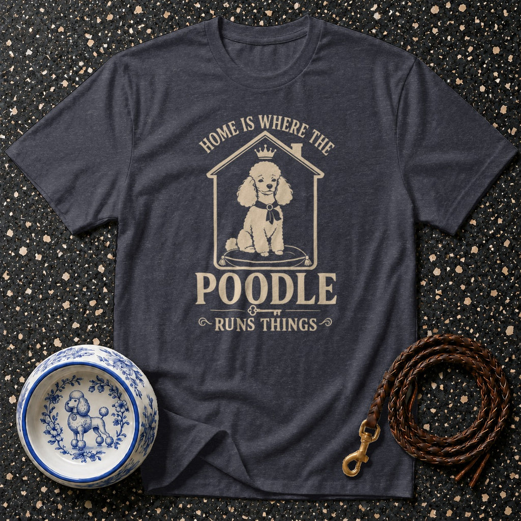 Dark grey t-shirt with "Home is where the poodle runs things" graphic and poodle illustration.
