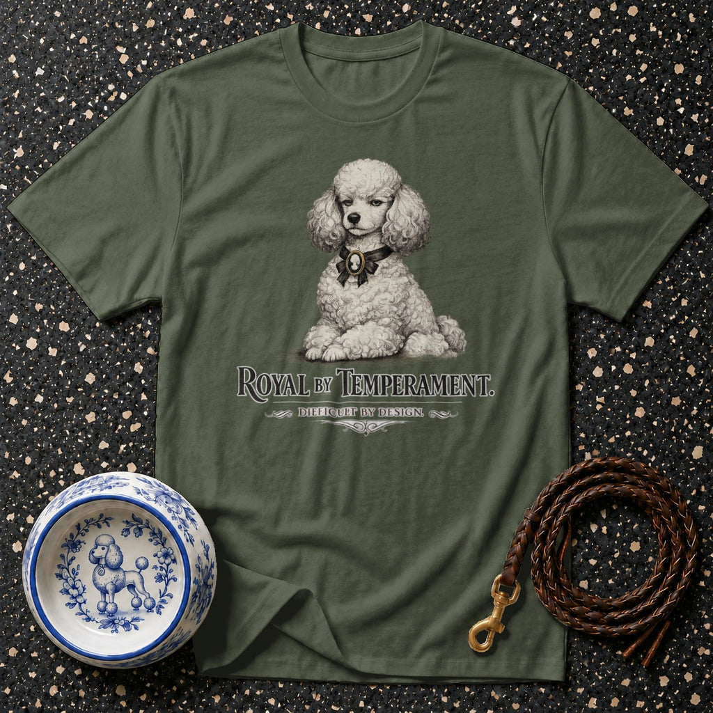 Olive green t-shirt with poodle graphic and "Royal by Temperament" text