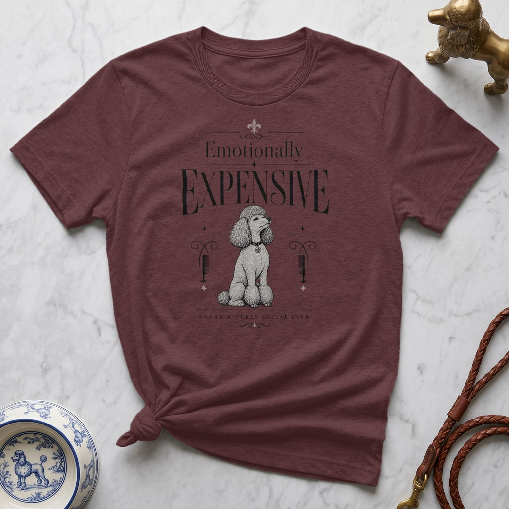 Maroon t-shirt with "Emotionally Expensive" text and a poodle graphic.